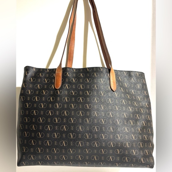Valentino vintage Black and Brown Tote signature print canvas shoulder Bag - Picture 1 of 7